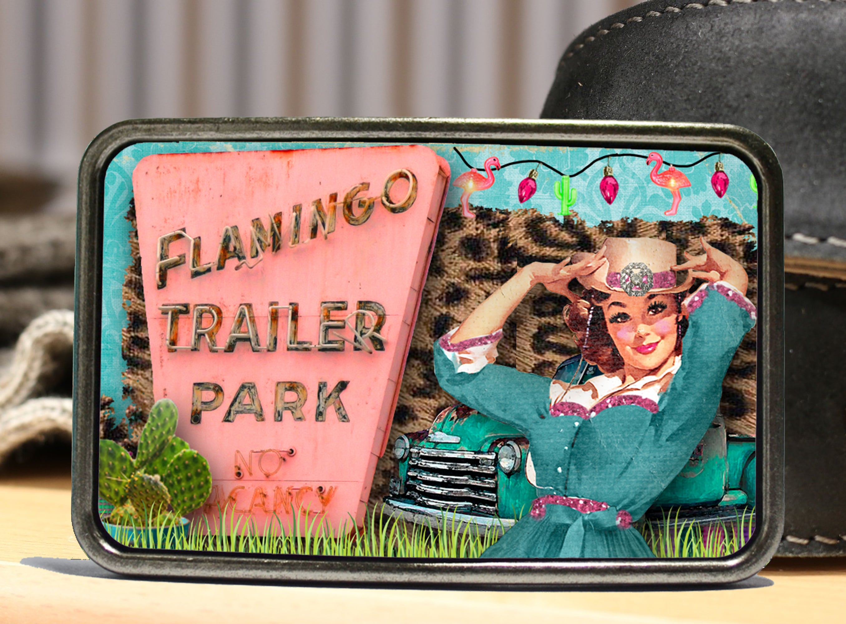 Retro Trailer Park Cowgirl Belt Buckle Bungalow Blue Trading Co