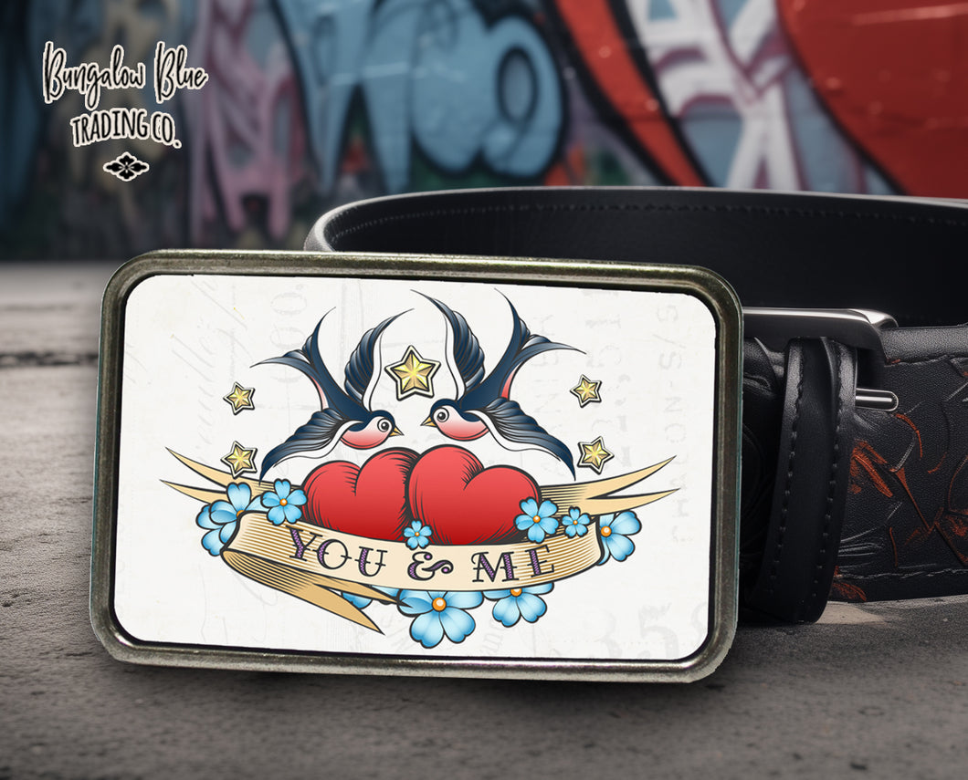 Old School Style Tattoo Belt Buckle with Swallows and Hearts Belt Buckle