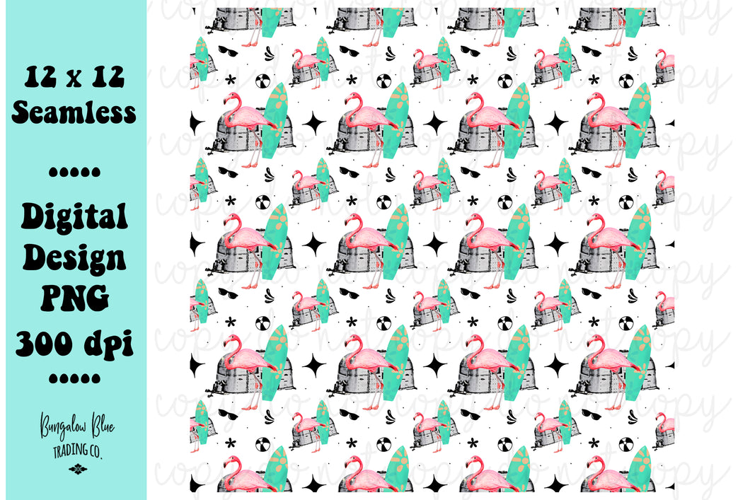 Beach Flamingo Seamless Pattern Bundle - Digital Download
