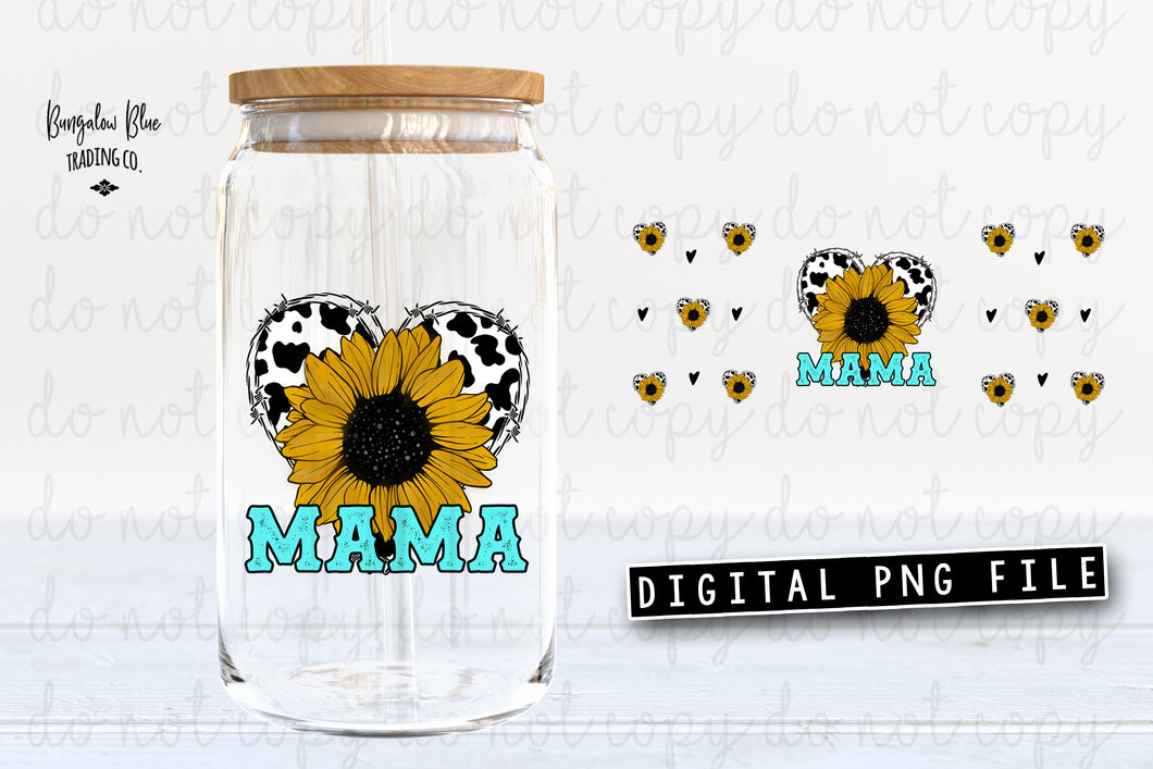 Mama Sunflower Cow Heart  Glass Can Tumbler Wrap Digital Download