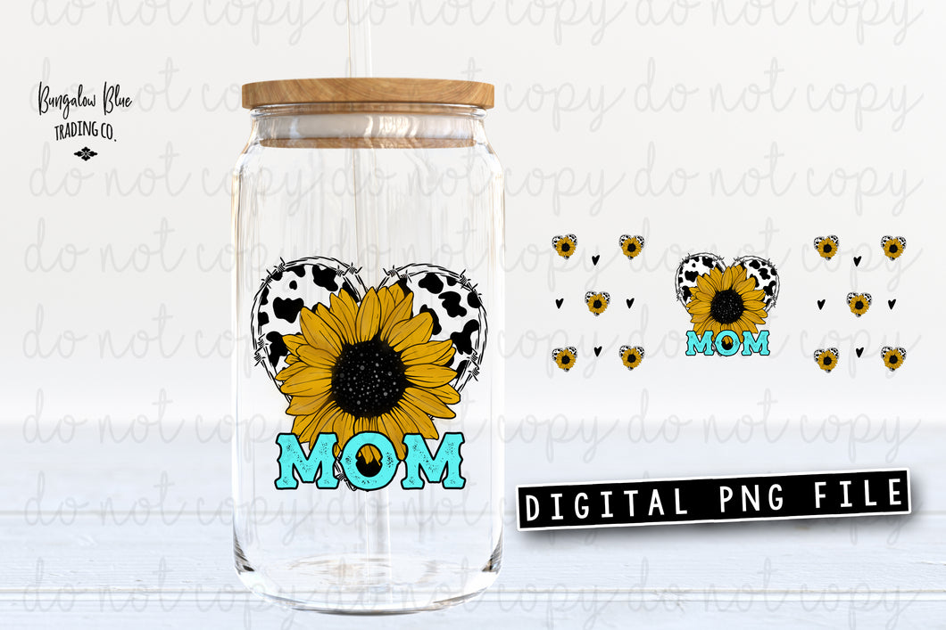 Mom Sunflower Cow Heart  Glass Can Tumbler Wrap Digital Download