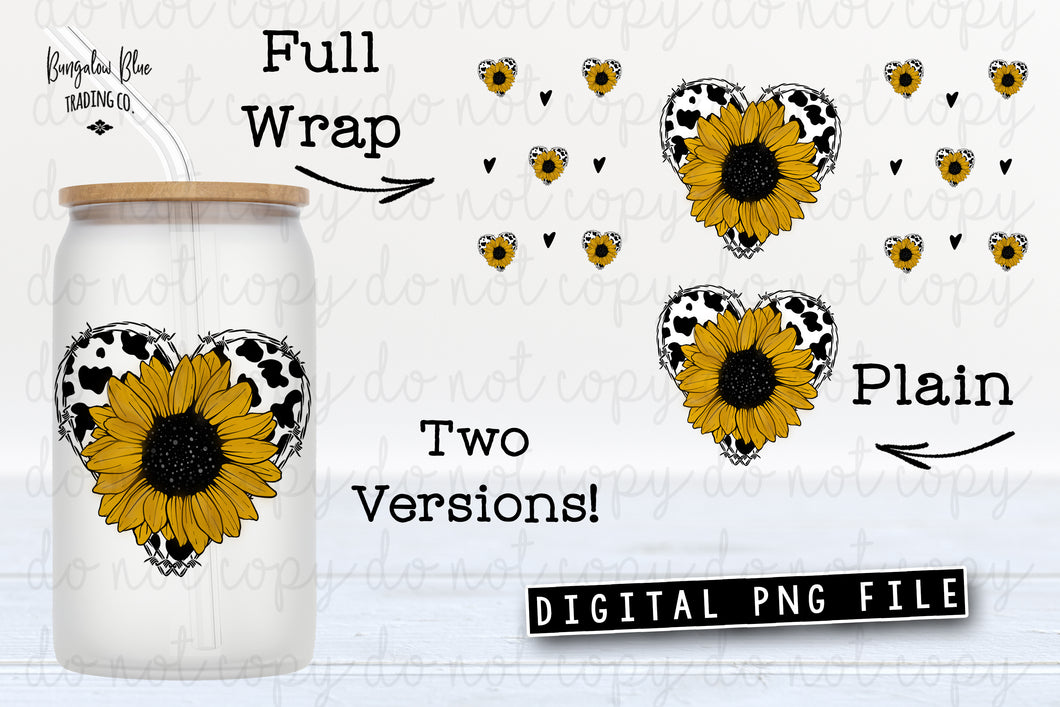 Sunflower Cow Heart  Glass Can Tumbler Wrap Digital Download