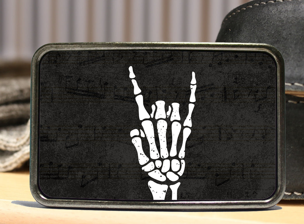 Rock and Roll Skeleton Belt Buckle - Skellie Hand Design